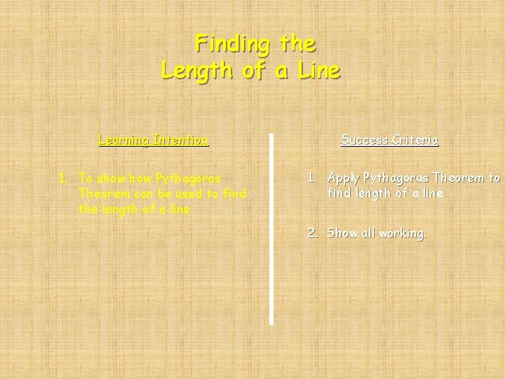 Finding the Length of a Line Learning Intention 1. To show Pythagoras Theorem can Finding the Length of a Line Learning Intention 1. To show Pythagoras Theorem can