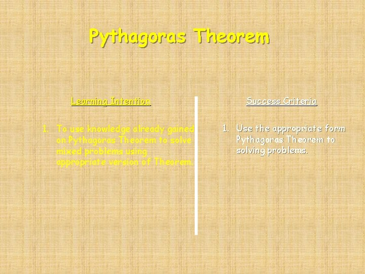 Pythagoras Theorem Learning Intention 1. To use knowledge already gained on Pythagoras Theorem to Pythagoras Theorem Learning Intention 1. To use knowledge already gained on Pythagoras Theorem to