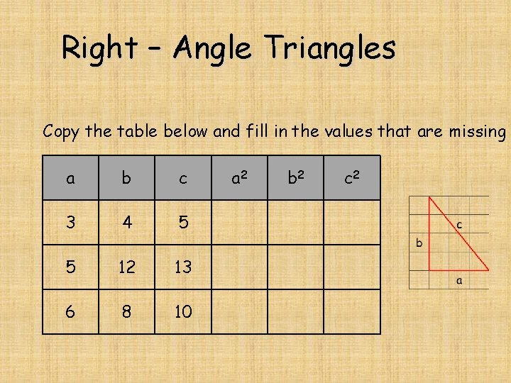 Right – Angle Triangles Copy the table below and fill in the values that Right – Angle Triangles Copy the table below and fill in the values that