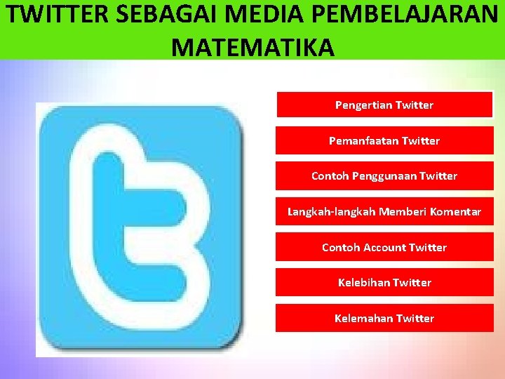 TWITTER SEBAGAI MEDIA PEMBELAJARAN MATEMATIKA Pengertian Twitter Pemanfaatan Twitter Contoh Penggunaan Twitter Langkah-langkah Memberi