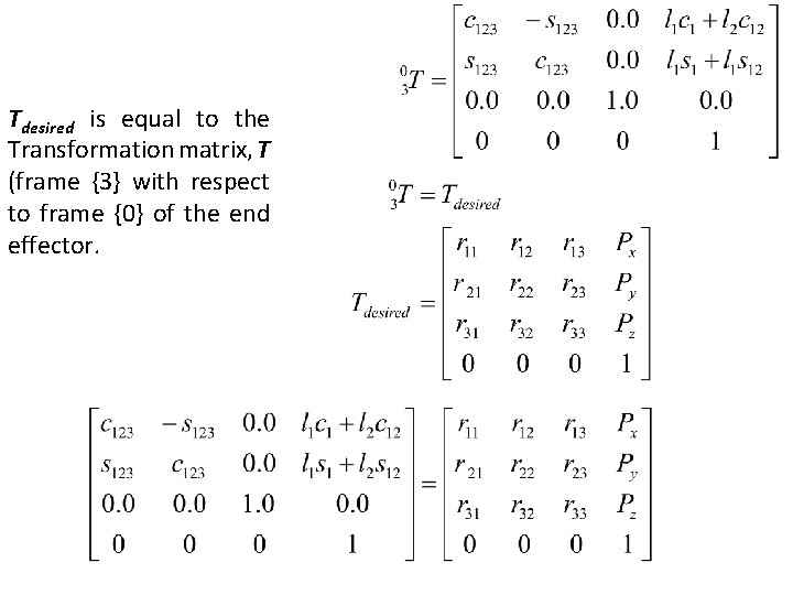 Tdesired is equal to the Transformation matrix, T (frame {3} with respect to frame