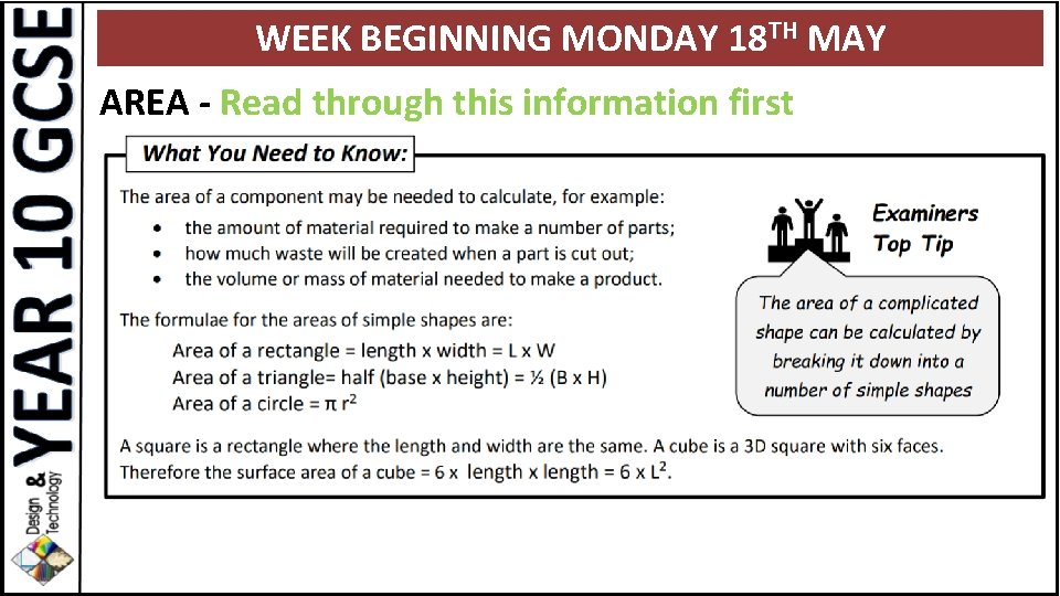 WEEK BEGINNING MONDAY 18 TH MAY AREA - Read through this information first 