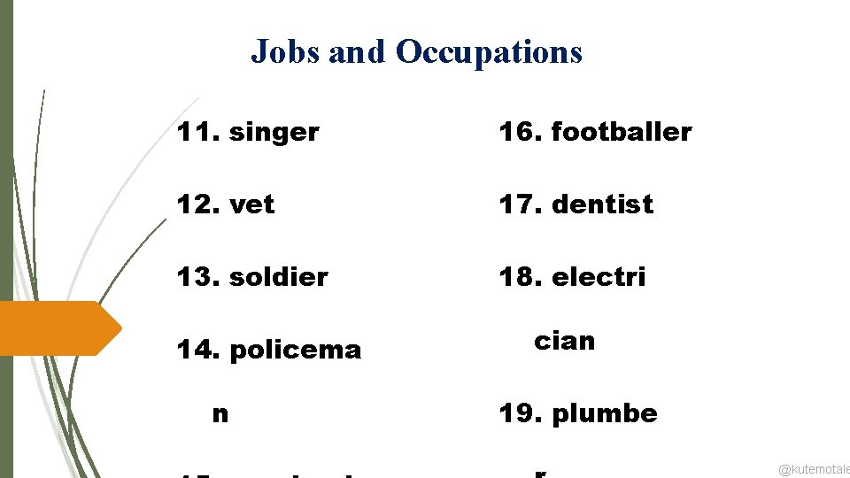 Jobs and Occupations 11. singer 16. footballer 12. vet 17. dentist 13. soldier 18.