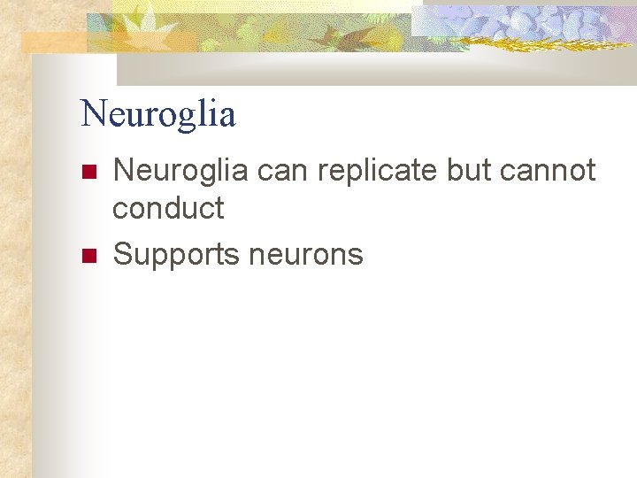 Neuroglia can replicate but cannot conduct Supports neurons 