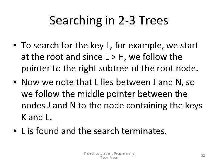 Searching in 2 -3 Trees • To search for the key L, for example,