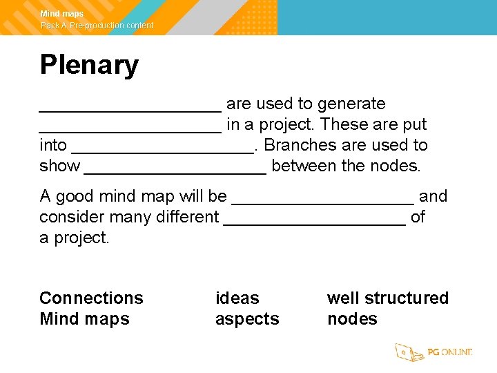 Mind maps Pack A Pre-production content Plenary __________ are used to generate __________ in