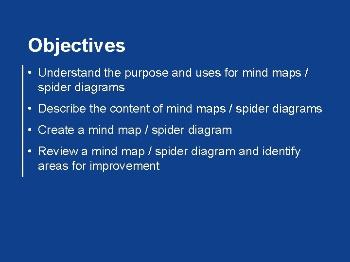 Objectives • Understand the purpose and uses for mind maps / spider diagrams •
