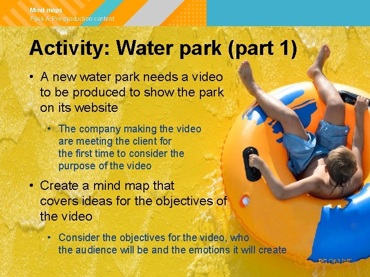 Mind maps Pack A Pre-production content Activity: Water park (part 1) • A new