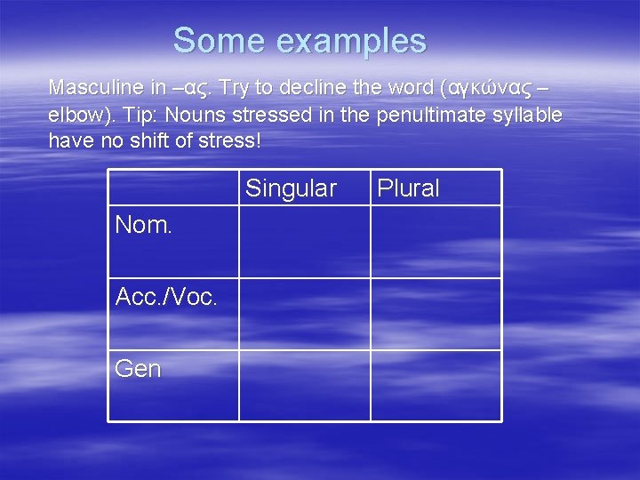 Some examples Masculine in –ας. Try to decline the word (αγκώνας – elbow). Tip: