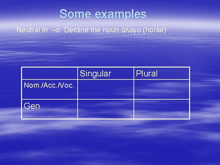 Some examples Neutral in –o. Decline the noun άλογο (horse) Singular Nom. /Acc. /Voc.