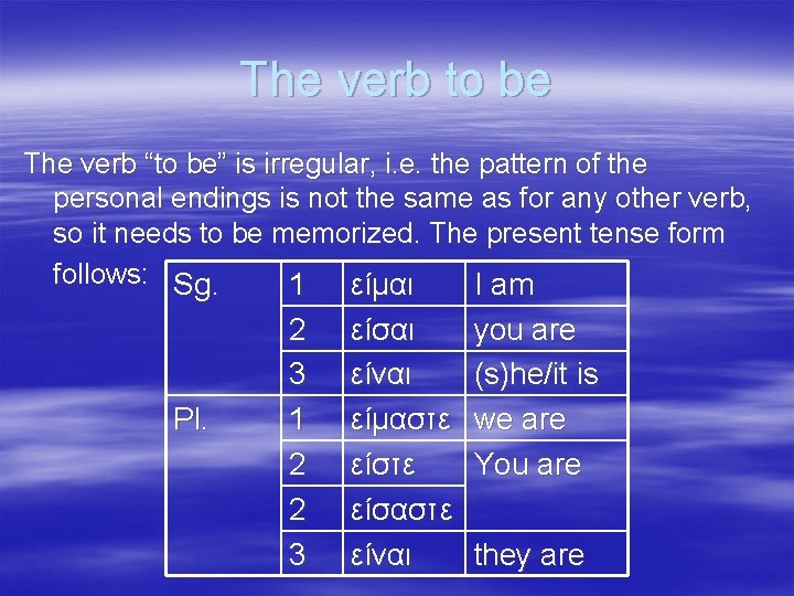 The verb to be The verb “to be” is irregular, i. e. the pattern
