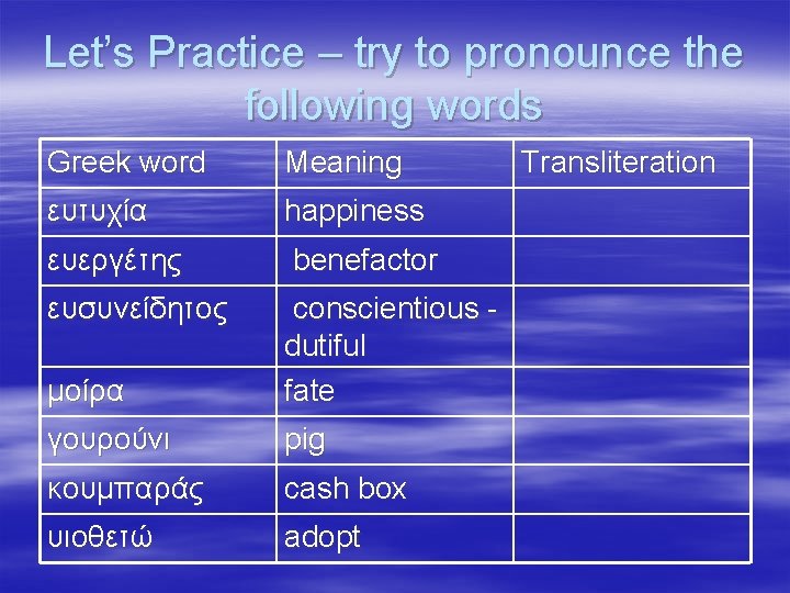 Let’s Practice – try to pronounce the following words Greek word Meaning ευτυχία happiness
