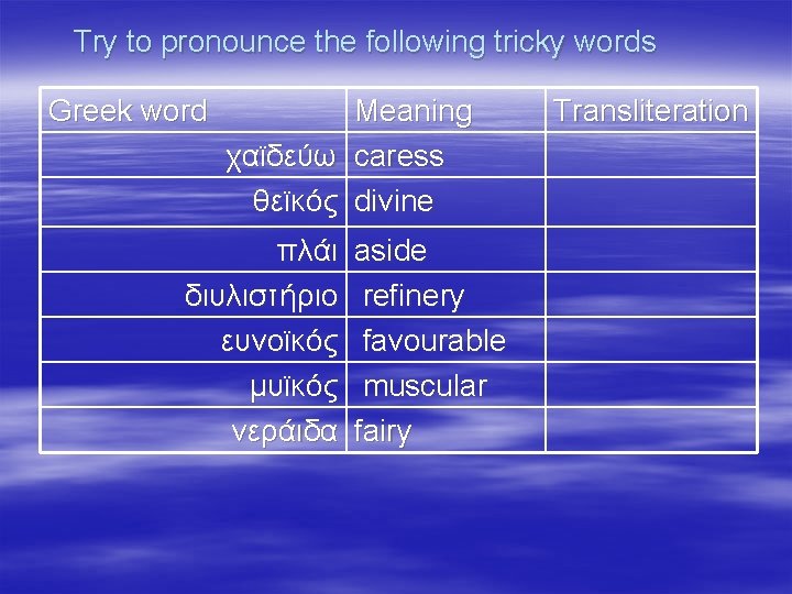 Try to pronounce the following tricky words Greek word χαϊδεύω θεϊκός πλάι διυλιστήριο ευνοϊκός