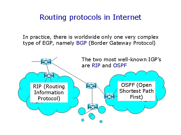 Routing protocols in Internet In practice, there is worldwide only one very complex type