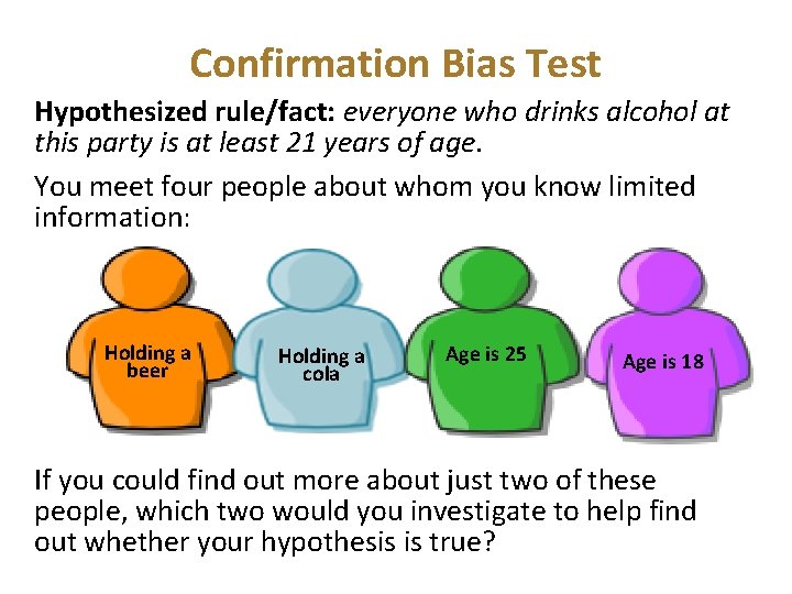 Confirmation Bias Test Hypothesized rule/fact: everyone who drinks alcohol at this party is at Confirmation Bias Test Hypothesized rule/fact: everyone who drinks alcohol at this party is at
