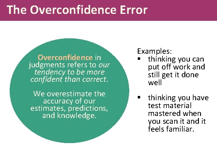 The Overconfidence Error Overconfidence in judgments refers to our tendency to be more confident