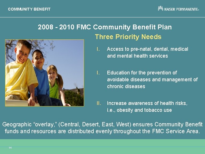 COMMUNITY BENEFIT 2008 - 2010 FMC Community Benefit Plan Three Priority Needs I. Access