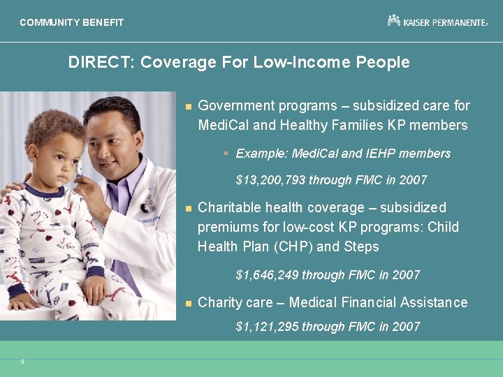 COMMUNITY BENEFIT DIRECT: Coverage For Low-Income People n Government programs – subsidized care for