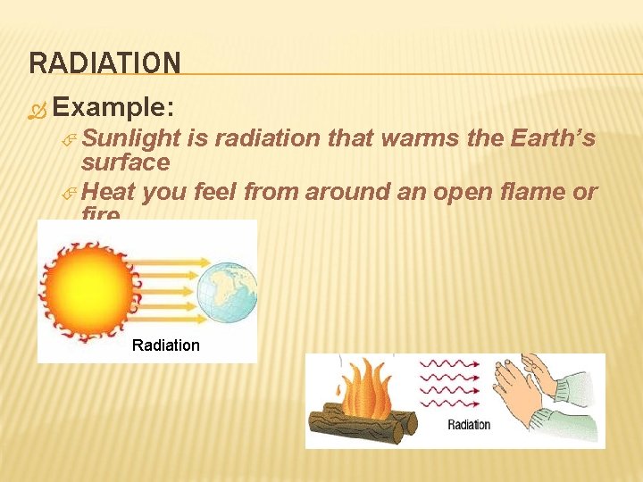 RADIATION Example: Sunlight is radiation that warms the Earth’s surface Heat you feel from