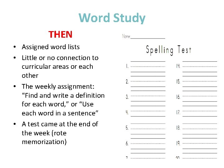 Word Study THEN • Assigned word lists • Little or no connection to curricular