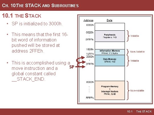 CH. 10: THE STACK AND SUBROUTINES 10. 1 THE STACK • SP is initialized