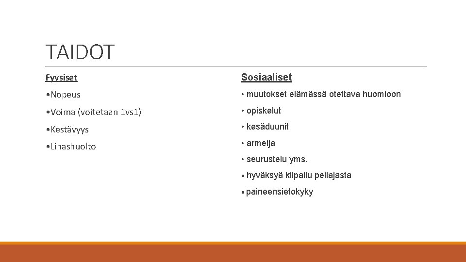 TAIDOT Fyysiset Sosiaaliset • Nopeus • muutokset elämässä otettava huomioon • Voima (voitetaan 1