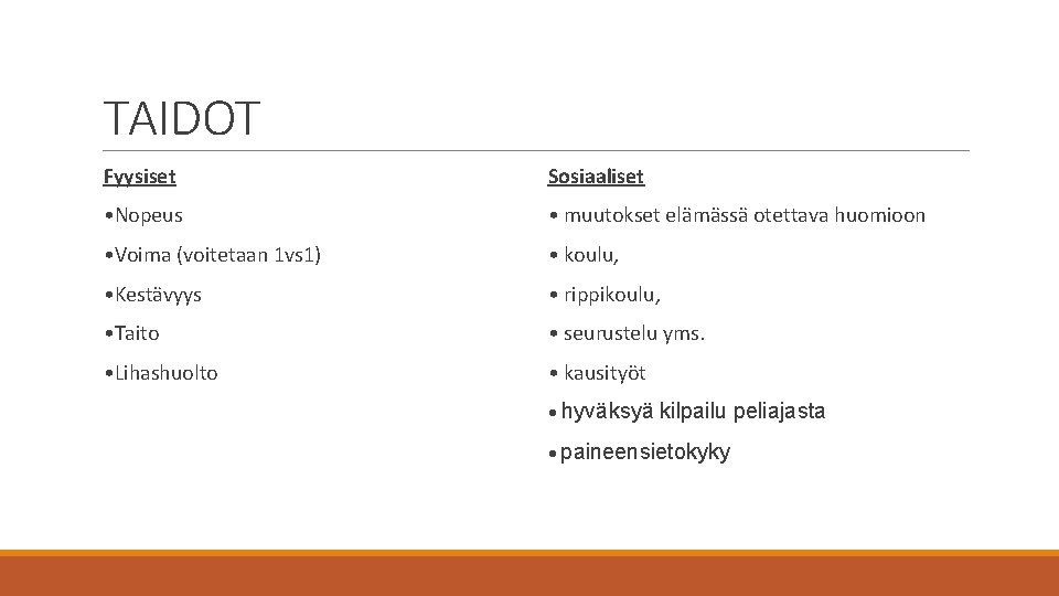 TAIDOT Fyysiset Sosiaaliset • Nopeus • muutokset elämässä otettava huomioon • Voima (voitetaan 1