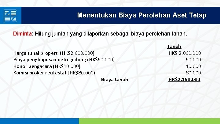 Menentukan Biaya Perolehan Aset Tetap Diminta: Hitung jumlah yang dilaporkan sebagai biaya perolehan tanah.