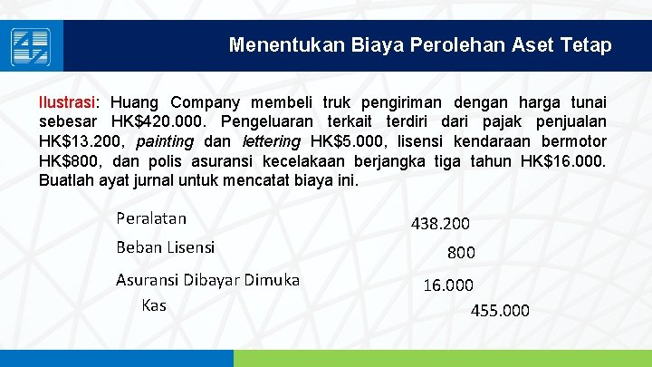 Menentukan Biaya Perolehan Aset Tetap Ilustrasi: Huang Company membeli truk pengiriman dengan harga tunai