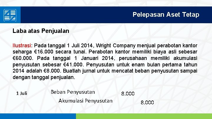 Pelepasan Aset Tetap Laba atas Penjualan Ilustrasi: Pada tanggal 1 Juli 2014, Wright Company