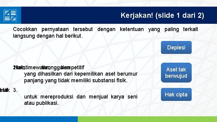 Kerjakan! (slide 1 dari 2) Cocokkan pernyataan tersebut dengan ketentuan yang paling terkait langsung