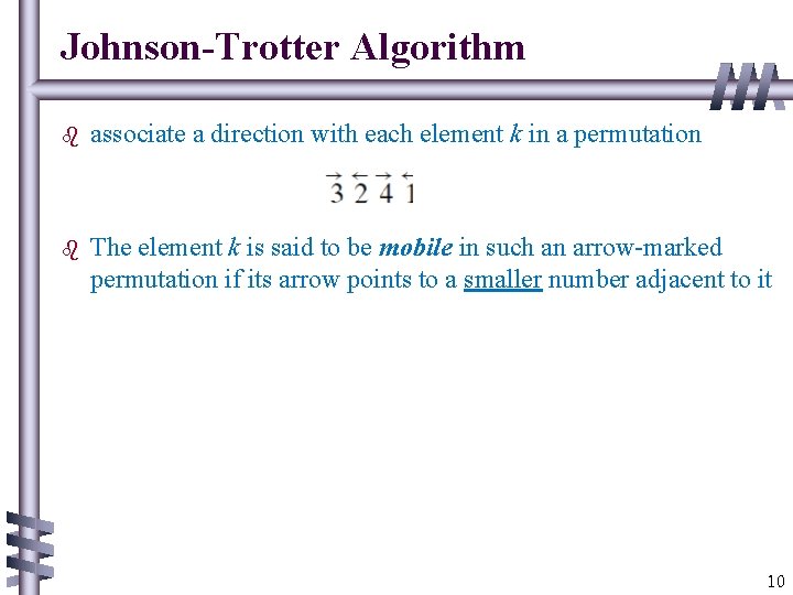 Johnson-Trotter Algorithm b associate a direction with each element k in a permutation b