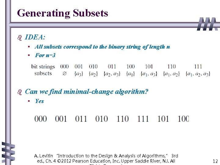 Generating Subsets b IDEA: • All subsets correspond to the binary string of length