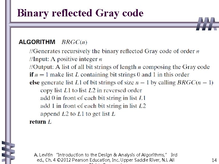 Binary reflected Gray code A. Levitin “Introduction to the Design & Analysis of Algorithms,