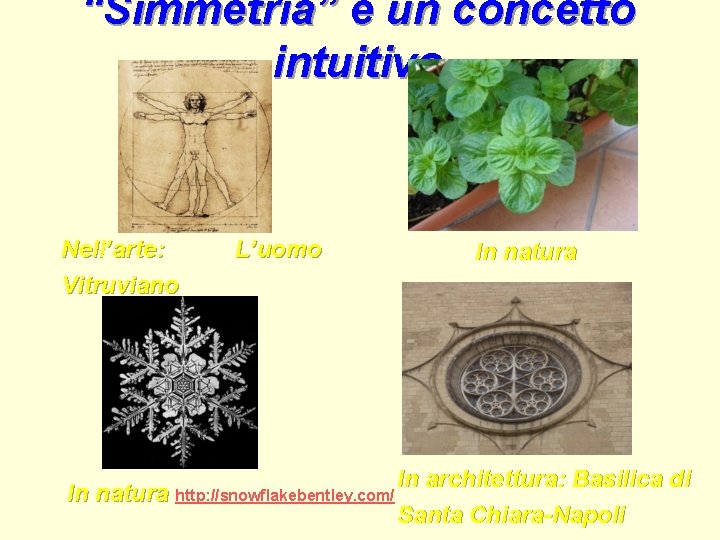 “Simmetria” è un concetto intuitivo Nell’arte: Vitruviano L’uomo In natura In architettura: Basilica di