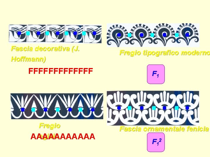 Fascia decorativa (J. Hoffmann) FFFFFFF Fregio egizio AAAAAA Fregio tipografico moderno F 1 Fascia
