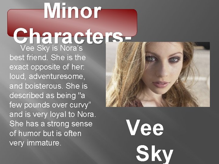 Minor Characters- Vee Sky is Nora’s best friend. She is the exact opposite of