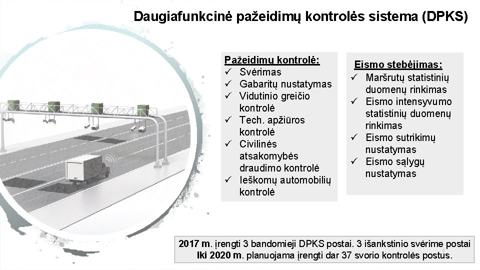 Daugiafunkcinė pažeidimų kontrolės sistema (DPKS) Pažeidimų kontrolė: ü Svėrimas ü Gabaritų nustatymas ü Vidutinio