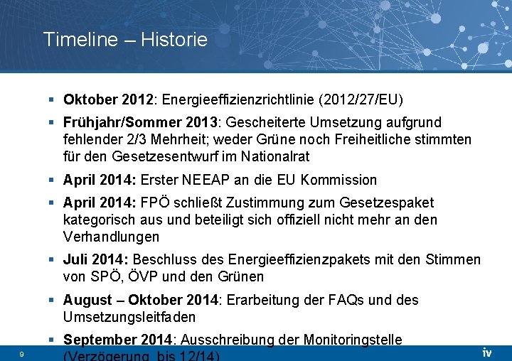 Timeline – Historie § Oktober 2012: Energieeffizienzrichtlinie (2012/27/EU) § Frühjahr/Sommer 2013: Gescheiterte Umsetzung aufgrund