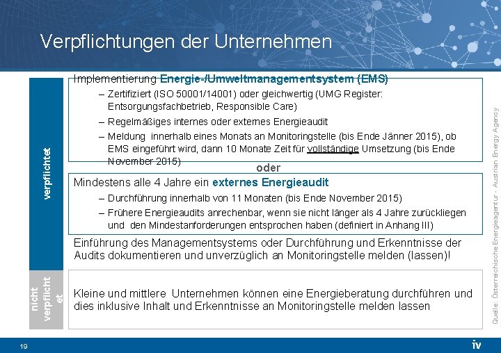 Verpflichtungen der Unternehmen – Zertifiziert (ISO 50001/14001) oder gleichwertig (UMG Register: Entsorgungsfachbetrieb, Responsible Care)