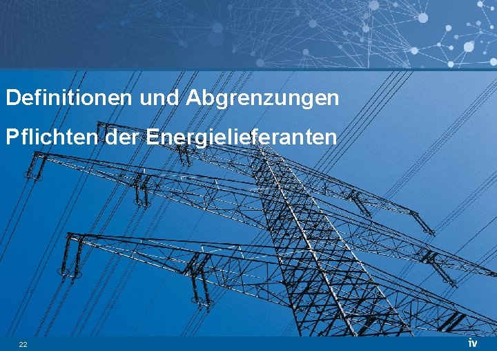 Definitionen und Abgrenzungen Pflichten der Energielieferanten 22 