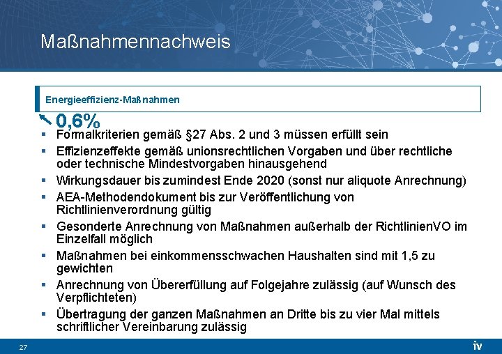 Maßnahmennachweis Energieeffizienz-Maßnahmen 0, 6% § Formalkriterien gemäß § 27 Abs. 2 und 3 müssen