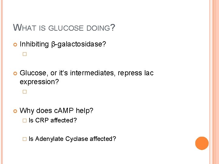 WHAT IS GLUCOSE DOING? Inhibiting β-galactosidase? � Glucose, or it’s intermediates, repress lac expression?