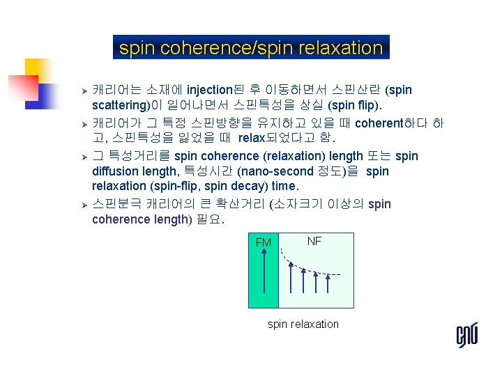 spin coherence/spin relaxation Ø Ø 캐리어는 소재에 injection된 후 이동하면서 스핀산란 (spin scattering)이 일어나면서