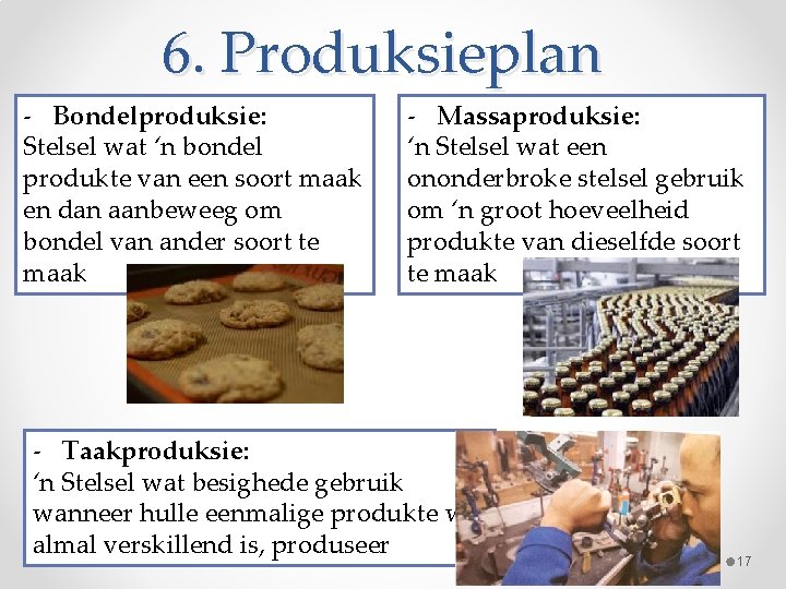 6. Produksieplan - Bondelproduksie: Stelsel wat ‘n bondel produkte van een soort maak en