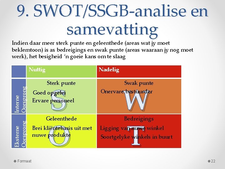 9. SWOT/SSGB-analise en samevatting Indien daar meer sterk punte en geleenthede (areas wat jy