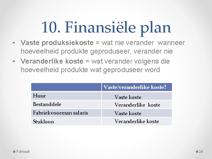 10. Finansiële plan • Vaste produksiekoste = wat nie verander wanneer hoeveelheid produkte geproduseer,