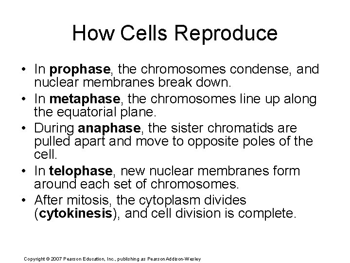 How Cells Reproduce • In prophase, the chromosomes condense, and nuclear membranes break down.