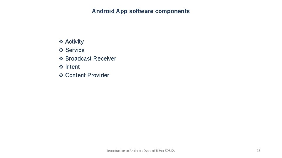 Android App software components v Activity v Service v Broadcast Receiver v Intent v