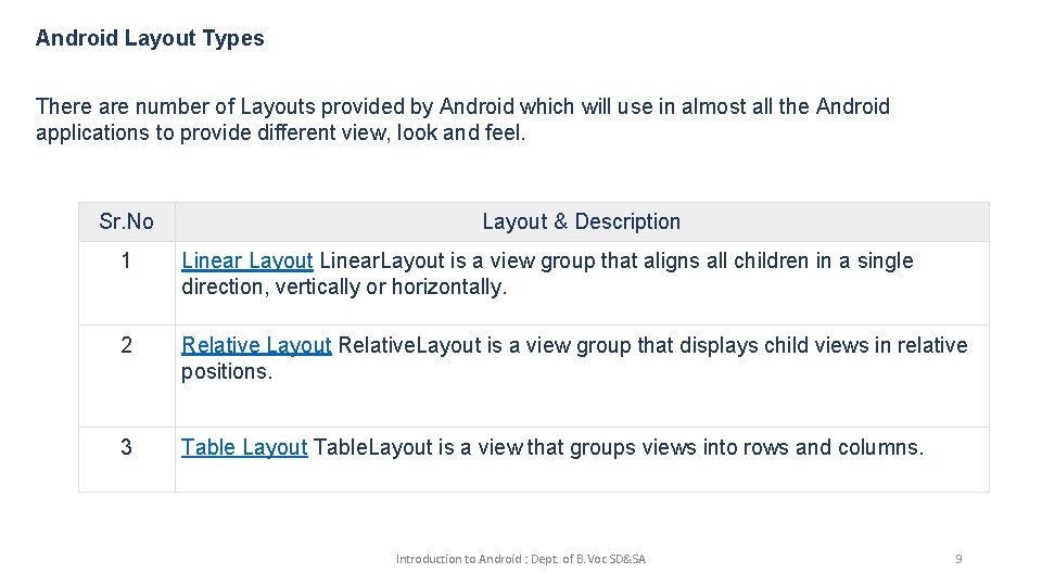 Android Layout Types There are number of Layouts provided by Android which will use